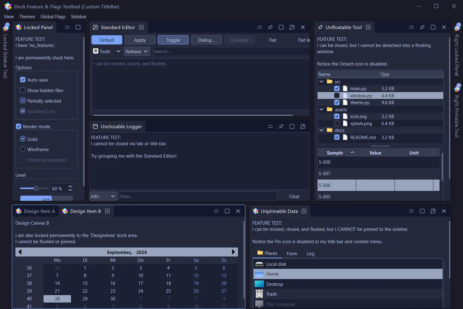 The Lace demo app: dock areas with tabs, a sidebar and a calendar, in the Tokyo Night theme